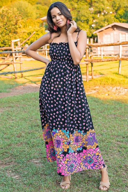 Mispacoz Kadın Siyah Üstü Gipeli Çiçek Desenli Elbise MP9Y-ELB0294 - 1