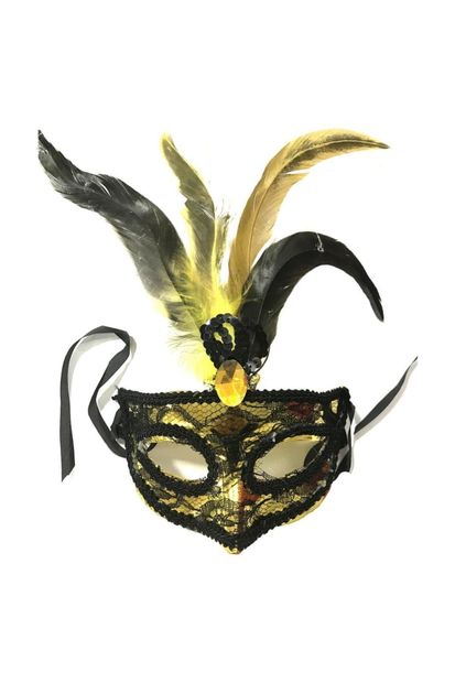 Parti dolabı Altın Sarısı Taşlı, Tüylü Kadın Parti Balo Dantelli Göz Maskesi - 1