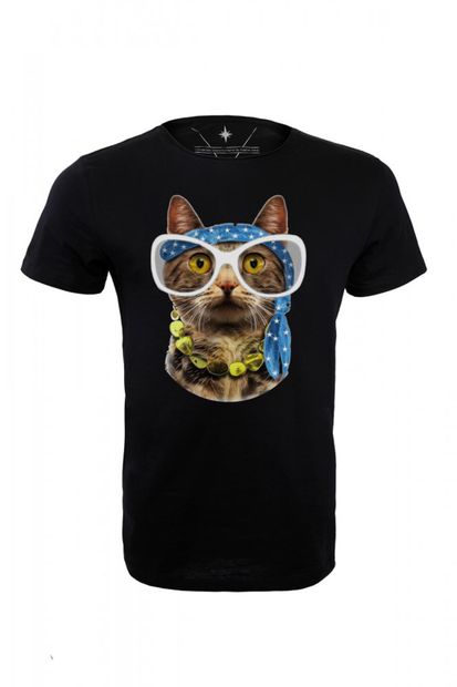 Angemiel Wear Gözlüklü Bandanalı Havalı Kedi Pamuklu Siyah Erkek Tişört A0115TE - 2