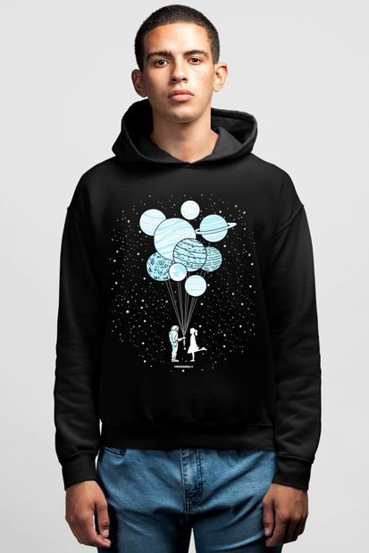 ROCKANDROLL Balon Gezegenler Siyah Kapşonlu Erkek Sweatshirt - 1