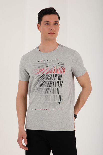 TOMMY LIFE Erkek Gri Melanj  Eskitme Çift Renk Desen Baskılı Rahat Form O Yaka T-shirt - 87959 - 8