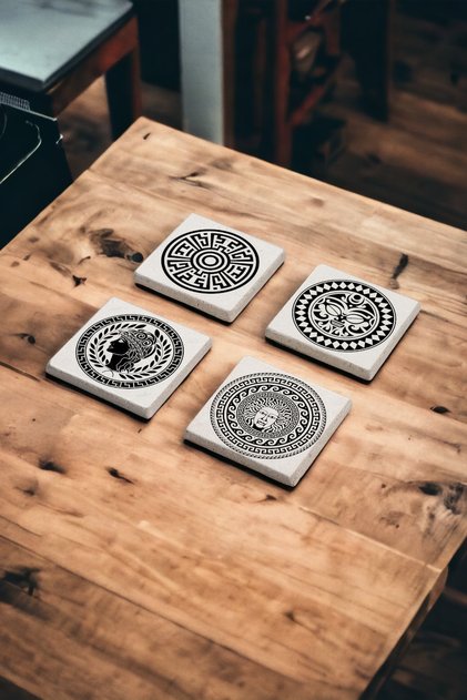 Antique Greek Mythology Themed Natural Stone Travertine Coasters Set of 4