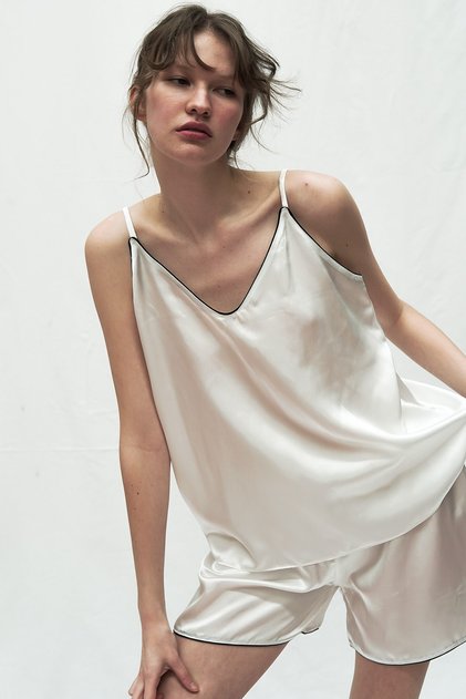 White Satin Pajama Set with Black Piping Shorts