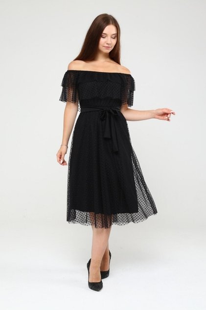 Women's Madonna Collar Belted Black Tulle Dress