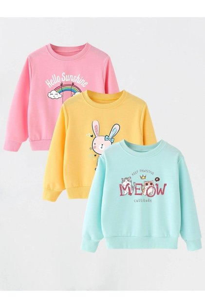 Colorful Hello Sunshine / Rabbit / Meow Cat Printed Set of 3 Crew Neck 3 thread Children's Sweatshirts