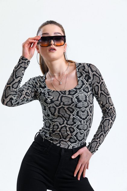 women's square neck snake print long sleeve blouse