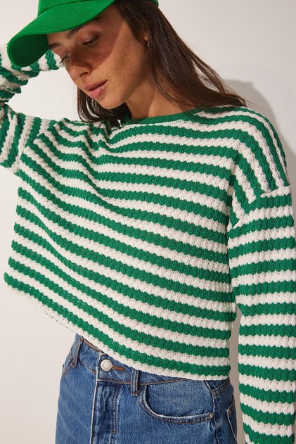 Women's Green Striped Crochet Knitwear Sweater UB00123