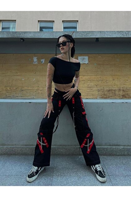 Touz Moda Siyah Nakışlı Retro Gothpunk Rock Bol Paça Pantolon