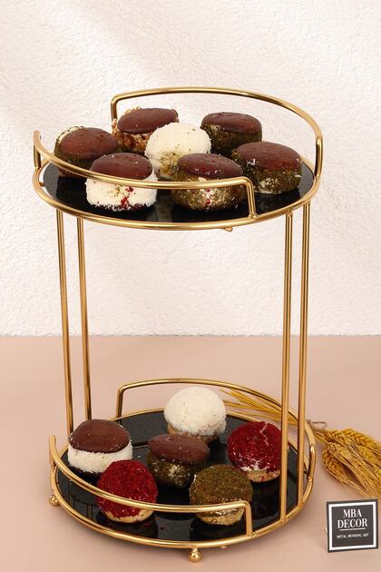 Two Tier Round Shiny Gold Coffee Side Presentation Organizer Decoration Treat Organizer 35cm