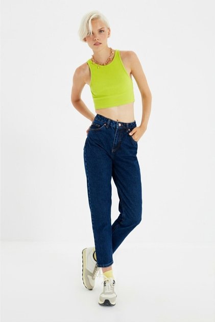 Maroon Dark Blue Lycra Mom Fit Zippered Jean Trousers