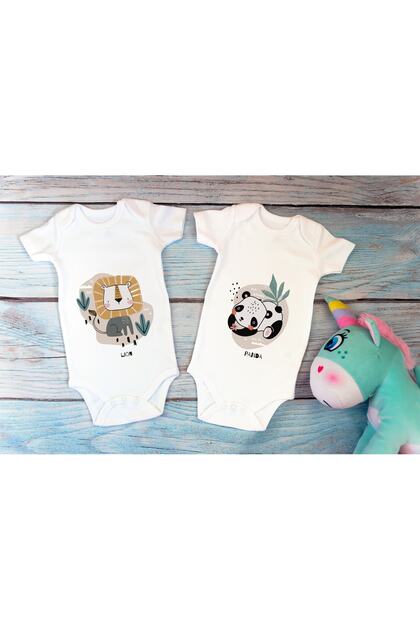 Special Design Licensed Cute Lion Panda Double Baby Bodysuit White 2-Piece Baby Bodysuit
