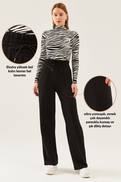 Women's Black High Waist Wide Waistband Wide Leg Sweatpants