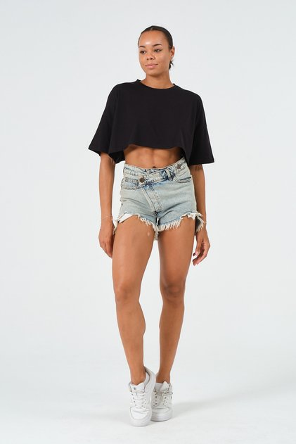 Kadın Siyah Oversize Crop T-Shirt