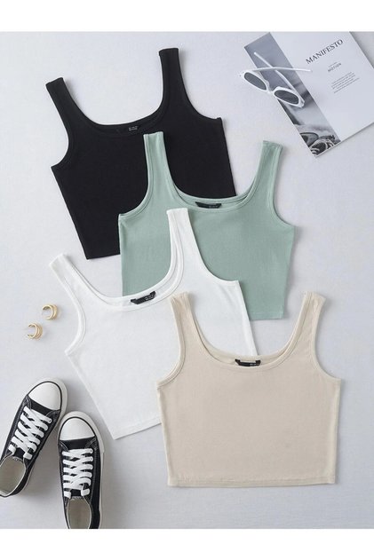 Women's Set of 4 Black-White-Green-Beige Crop Top Blouse