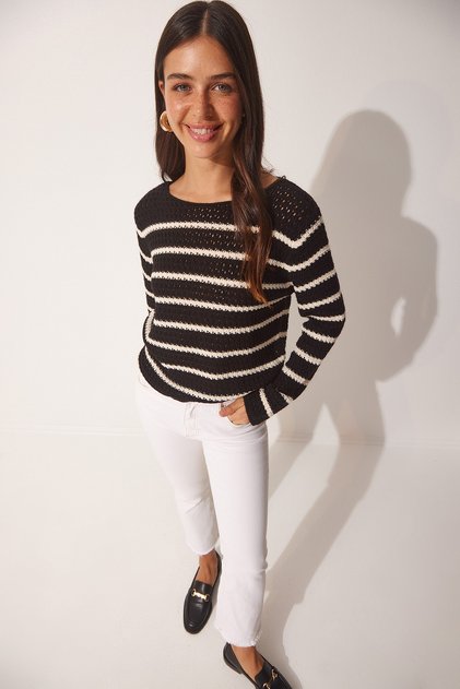 Women's Black Striped Openwork Knitwear Sweater MX00115