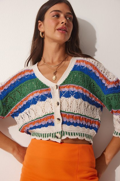 Women's Cream Green Striped Openwork Sweater Cardigan MC00211