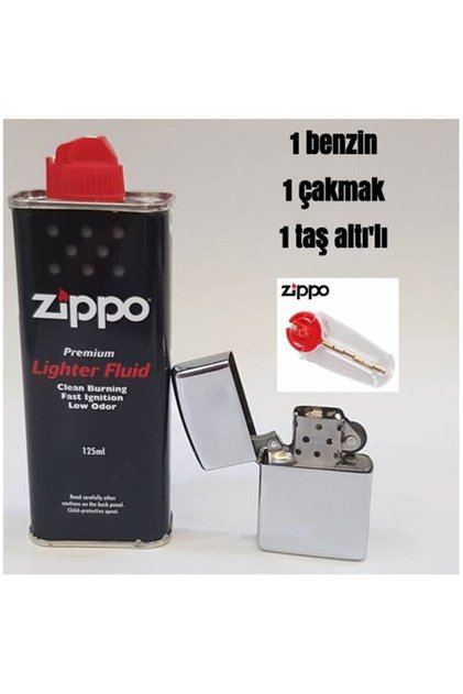 Zippo Benzin Zippo Metalik Gri Benzinli Çakmak ve Taş Set