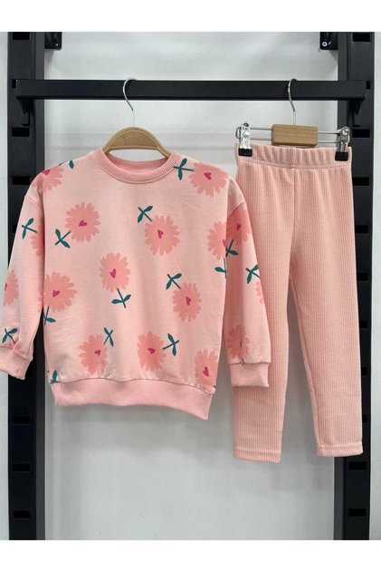 Kız Çocuk Çiçek Desenli Sweatshirt ve Örme Tayt Pantolon Alt Üst Takım