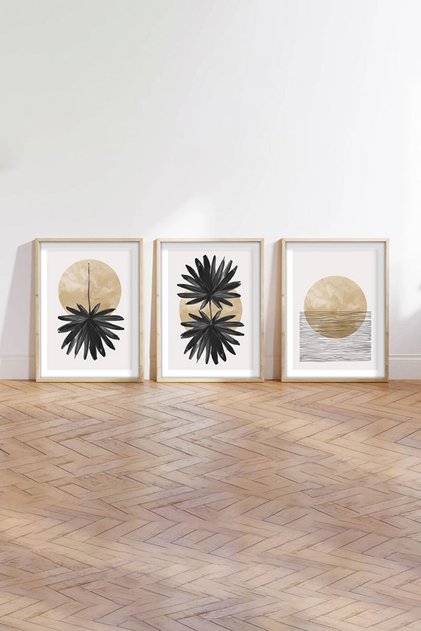 Minimalist 3-Piece Painting Set with Wooden Frame - Triple Painting Set with Natural Wooden Frame