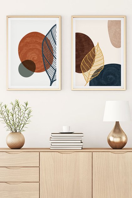 Wooden Framed Abstract Painting - Double Painting Set Natural Wood Frame