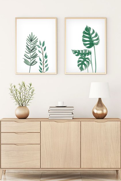 Bohemian Set of 2 Paintings with Wooden Frame - Double Painting Set with Natural Wooden Frame