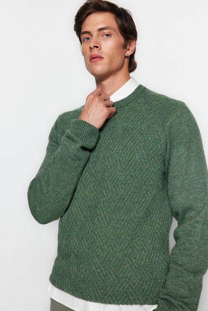 Mintfarbener Unisex-Pullover aus Wolle mit Rundhalsausschnitt und Raglanärmeln aus strukturiertem Strick TMNAW22KZ0290