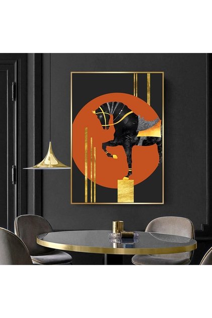 Markazip Turuncu Gold Hermes At Siyah Metal Çerçeveli Kanvas Tablo