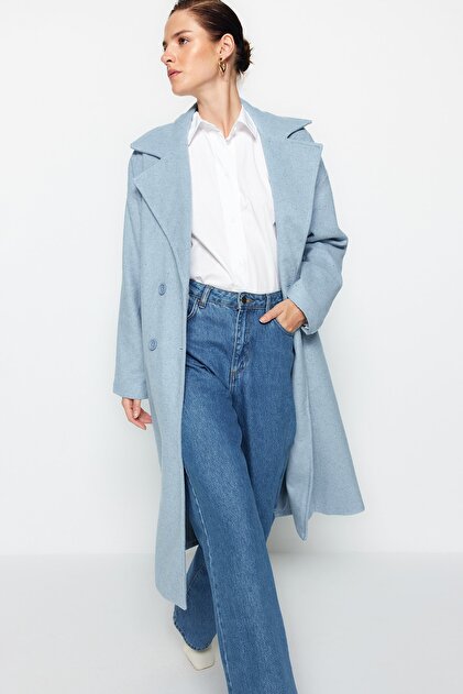 Trendyolmilla Mavi Oversize Geniş Kesim Uzun Yünlü Kaşe Kaban