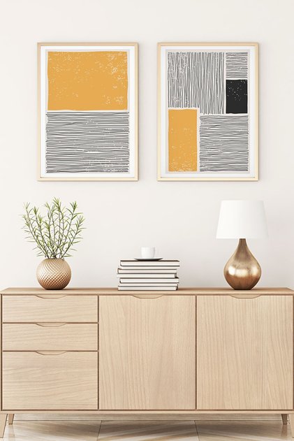 Wooden Framed Abstract Painting - Double Painting Set Natural Wood Frame