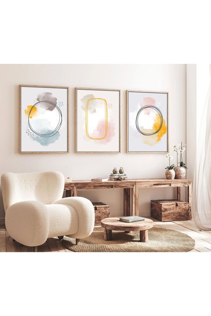 Wooden Framed Abstract 3-Piece Painting - Triple Painting Set Natural Wood Frame