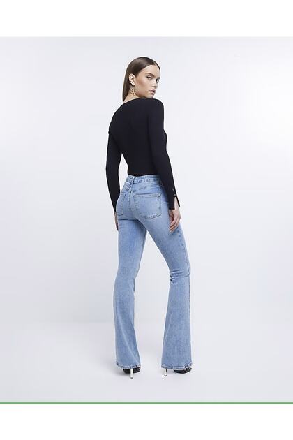 Light Blue Spanish High Waist Colorfast Blue snow Wash Jeans Pants Recovery Flara Jean