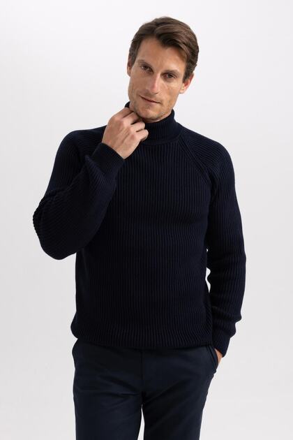 Navy Blue Standard Fit Regular Cut Turtleneck Basic Plain Knitwear Sweater B0587Ax23Wn