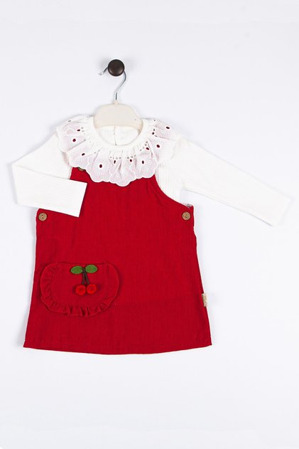 Baby Girl Kid Gilet Dress Cherry Pocket Detailed Long Sleeve Lace Collar Badi Body 100% Cotton 2 Pcs