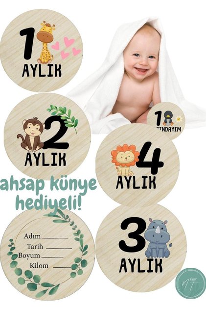 Animal Patterned Turkish Monthly Plaque Set Baby Photo Card Wooden Baby Memory Card Newborn Gift
