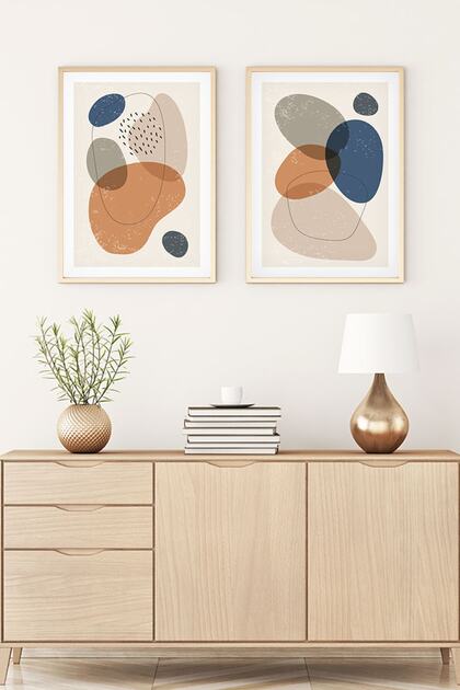 Wooden Framed Abstract Painting - Double Painting Set Natural Wood Frame