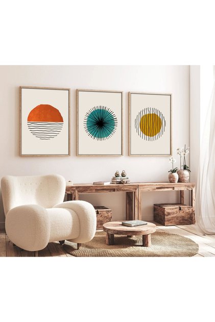 Set of 3 Paintings with Wooden Frame - Triple Painting Set with Natural Wooden Frame