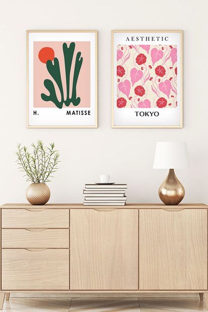 Artistic Set of 2 Paintings with Wooden Frame - Double Painting Set with Natural Wood Frame