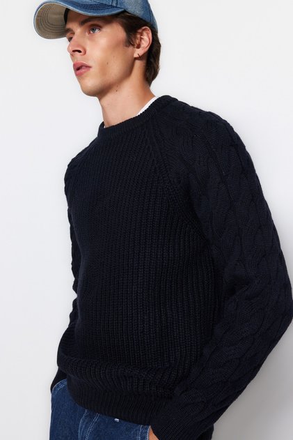 Lacivert Casual Unisex Fit Yünlü Bisiklet Yaka Saç Örgü Detaylı Triko Kazak TMNAW22KZ2059