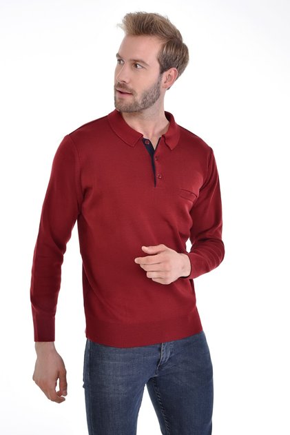 Men's Knitwear Dark Gray Sweater Polo Strap Pocket Steel Knit with Elastic Sleeves