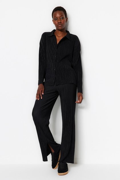 Black Pleated Regular Buttoned Knitted Top and Bottom Set TWOAW24AU00073