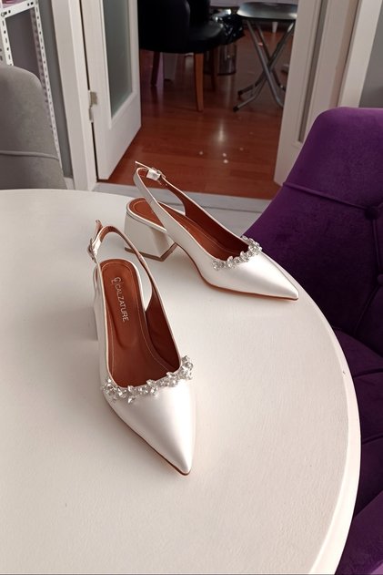 Pearl Satin 6cm Thick Heeled Accessory Stone Detailed Evening Dress Women's Heeled Shoes