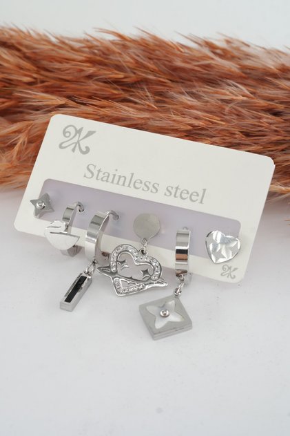 Women's 316l Stainless Steel Tarnish Resistant Set of 6 North Star and Heart Detailed Steel Earrings