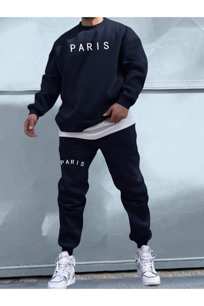 Plus Size Black Men's Black Paris Printed Crew Neck Tracksuit Set