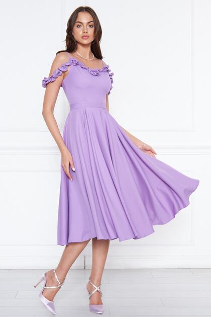 Lilac Hanging Neck Ruffle Detail Off-Shoulder Woven Draped Fabric Midi Length Graduation and Evening Dress