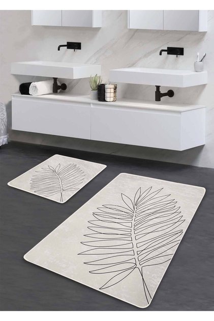 Non-Slip Base Washable 2-Piece Bath Mat - Minimal Leaf 60*100 cm - 50*60 cm