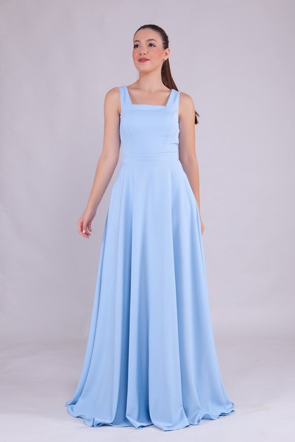 Baby Blue Square Collar Sleeveless Wide Strap Woven Draped Fabric Maxi Length Flared Evening Dress