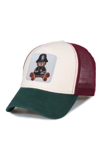 Bear 1 Black Model Mesh Hat - Replaceable Leather Patch - Cotton - Unisex - Green Stone Claret Red