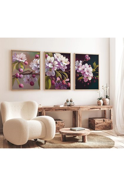 Wooden Framed Oil Painting Flower 3-Piece Painting Set - Triple Painting Set Natural Wooden Frame