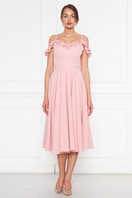 Powder Hanging Neck Ruffle Detail Off-Shoulder Woven Draped Fabric Midi Length Graduation and Evening Dress