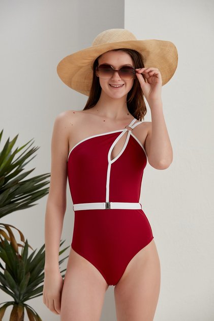 Women's Claret Red One-Shoulder Belt Detailed Underwire Special Design Lined Stylish Boutique Swimsuit